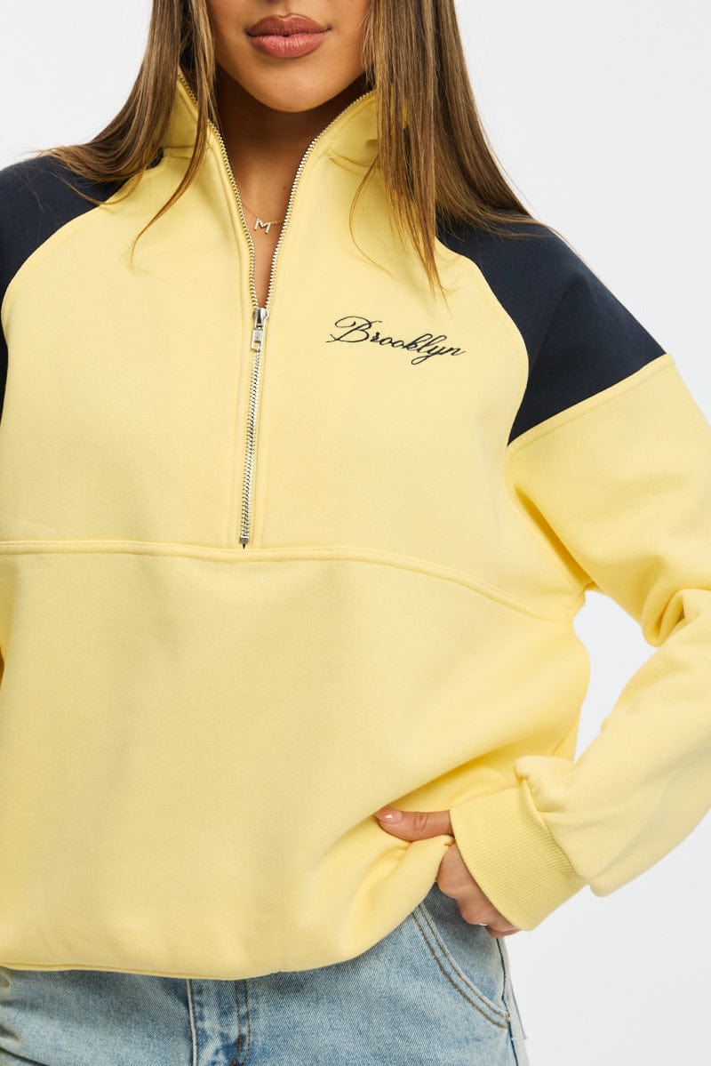 Yellow Zip Sweater Funnel Neck Oversized