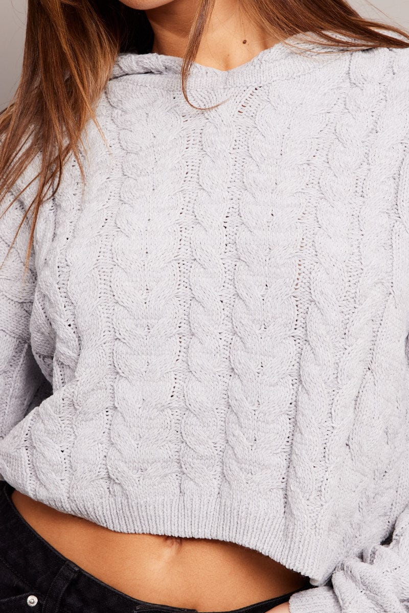 Grey Cable Knit Top Long Sleeve Hoodie