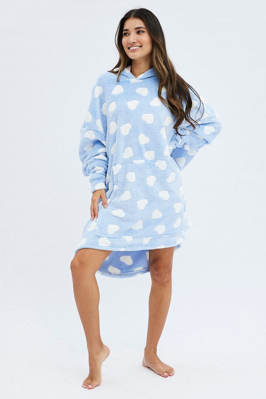 Blue Print Heart Print Cosy Blanket Hoodie PJ