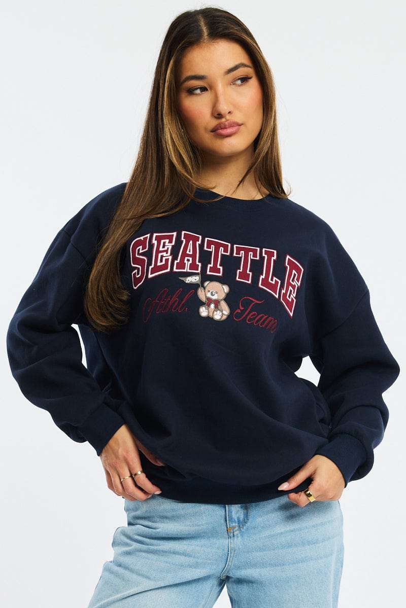 Blue Graphic Sweater Long Sleeve