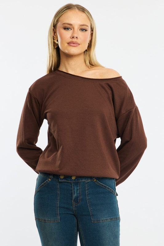 Brown Off Shoulder Sweater Long Sleeve
