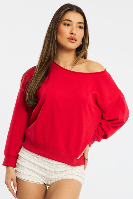 Red Off Shoulder Sweater Long Sleeve