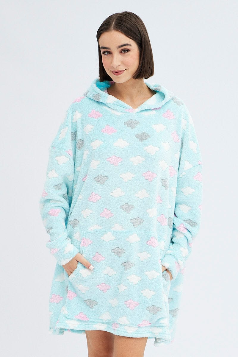 Green Cloud Print Cosy Blanket Hoodie PJ